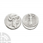 Q Pomponius Musa - Apollo AR Denarius. 66 B.C. Rome mint. Obv: diademed head of Apollo right with tortoise behind. Rev: Terpsichore standing right hol...