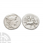 Anonymous Issue - Dioscuri AR Denarius. 211-206 B.C. Rome mint. Obv: helmetted head of Roma right with X behind. Rev: Dioscuri riding right with gryph...