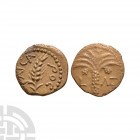 Augustus - Judea - Coponius - AE Pruhtah. 5-6 A.D. Year 36. Obv: ???C???C legend with corn-ear bending to right. Rev: L - ?? to sides of palm tree. He...