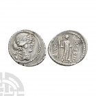 P Clodius M f - Apollo AR Denarius. 42 B.C. Rome mint. Obv: laureate head of Apollo to right; lyre behind. Rev: Diana Lucifera standing facing, head t...