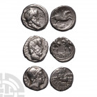 Moneyer AR Denarii Group [3]. 90-87 B.C. Group comprising: Q Titius (90 B.C.), L Titurius L f Sabinus (89 B.C.) and L Rubrius Dossenus (87 B.C.) RSC T...