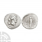 P Clodius M f - Apollo AR Denarius. 42 B.C. Rome mint. Obv: laureate head of Apollo right with lyre behind. Rev: Diana Luciferus standing right betwee...
