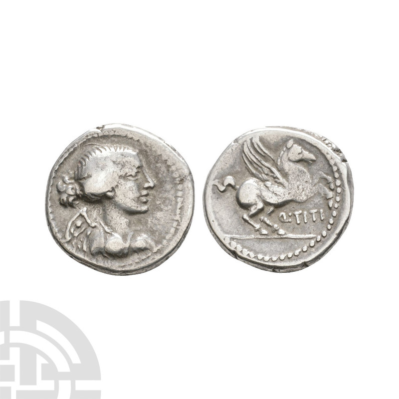 Q Titius - Pegasus AR Quinarius. 90 B.C. Rome mint. Obv: winged and draped bust ...