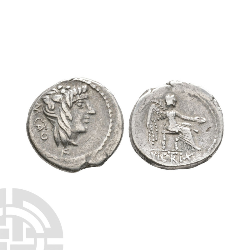 M Porcius Cato - Victory AR Quinarius. 89 B.C. Rome mint. Obv: ivy-wreathed Bacc...