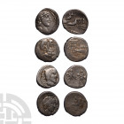 Moneyer AR Denarii Group [4]. 90-87 B.C. Group comprising: C Vibius C f Pansa (90 B.C.), L Tituriua C f Sabinus (89 B.C.), C Censorius (88 B.C.) and L...