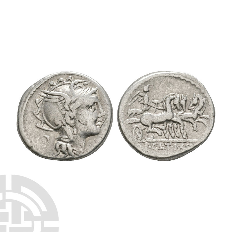 Pulcher, Mallius and Urbinus - Triga AR Denarius. 111-110 B.C. Rome mint. Obv: h...