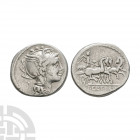 Pulcher, Mallius and Urbinus - Triga AR Denarius. 111-110 B.C. Rome mint. Obv: helmetted head of Roma right; symbol behind. Rev: Victory in triga righ...