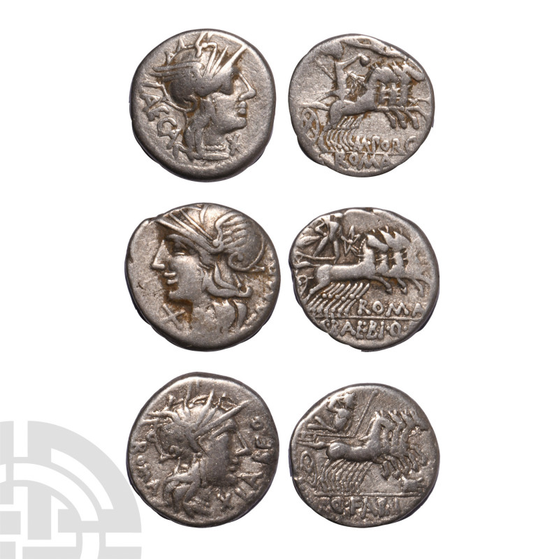 Moneyer AR Denarii Group [3]. 137-124 B.C. Group comprising: M Baebius Q f Tampi...