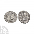 C Egnatuleius C f - Victory AR Quinarius. 97 B.C. Rome mint. Obv: C EGNATVLEI C F legend with name in monogram with laureate bust of Apollo right; Q b...