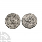 Secondary Phase - Series H Type 49 - Wodan Head AR Sceatta. 710-760 A.D. Obv: facing 'Wodan' head with eight roundels surrounding. Rev: pecking bird r...