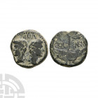 Augustus and Agrippa - Crocodile AE Dupondius. After 16-15 B.C. Nemaussus mint. Obv: IMP DIVI F legend with back to back busts of Augustus right and A...
