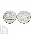 Mark Antony - Legion XX AR Denarius. 32-31 B.C. Patrae(?) mint. Obv: ANT AVG III VIR R P C legend with galley right. Rev: legionary eagle dividing LEG...