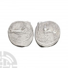 Mark Antony - Legion VI AR Denarius. 32-31 B.C. Patrae(?) mint. Obv: ANT AVG III VIR R P C legend with galley right. Rev: legionary eagle dividing LEG...