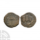 Agrippa I - AE Prutah. 41-42 A.D. Year 6. Obv: ??C???WC ?????? legend with fringed canopy. Rev: triple corn-ears dividing L - ? date. Hendin 1244. 2.5...