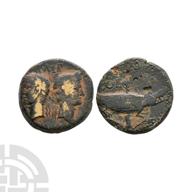 Augustus and Agrippa - Crocodile AE Dupondius. After 10 B.C. Nemausus mint. Obv:...