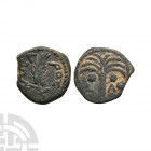 Augustus - Judea - Coponius - AE Prutah. 6-9 A.D. Obv: ???C???C legend with corn-ear.curved to right. Rev: palm tree with L left and ?? right for year...