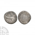 Mark Antony - Legion XXI - Galley AR Denarius. 32-31 B.C. Patriae(?) mint. Obv: ANT AVG III VIR R P C legend with galley. Rev: legionary eagle dividin...