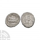 Marc Anthony - Legion V AR Denarius. 32-31 B.C. Patrae(?) mint. Obv: ANT AVG III VIR R P C legend with galley right. Rev: legionary eagle dividing LEG...