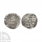 Richard II - London - Halfpenny. 1377-1399 A.D. Early style. Obv: facing bust with RICARD REX ANGL legend. Rev: long cross and pellets dividing CIVI T...