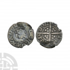 Henry V - London - Halfpenny. 1413-1422 A.D. Class C. Obv: facing bust with broken annulets by crown and HENRIC REX ANGLIE legend. Rev: long cross and...