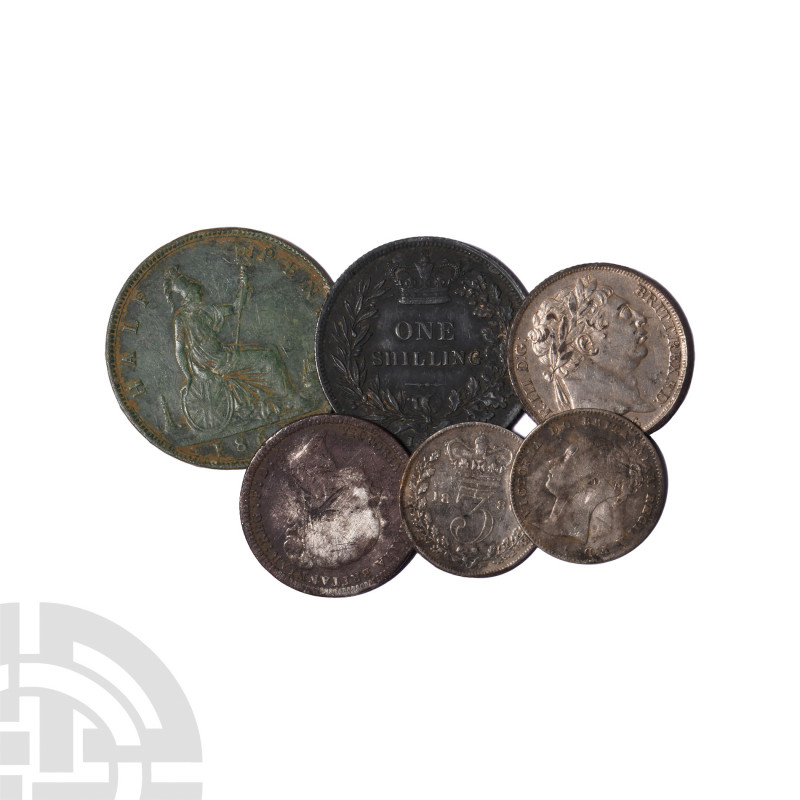 Silver and Bronze Coin Group [6]. 19th century A.D. Group comprising: George III...