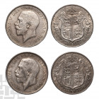 George V - 1922, 1923 - Halfcrowns [2]. Dated 1922 and 1923 A.D. Second coinage. Obvs: profile bust with GEORGIVS V DEI GRA BRITT OMN REX legend. Revs...