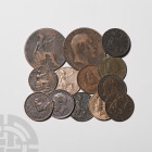 Victoria to George VI - Pennies and Farthings [13]. 19th-20th century A.D. Group comprising: Victoria, penny (1897), farthings (2; 1882H, 1900); Edwar...