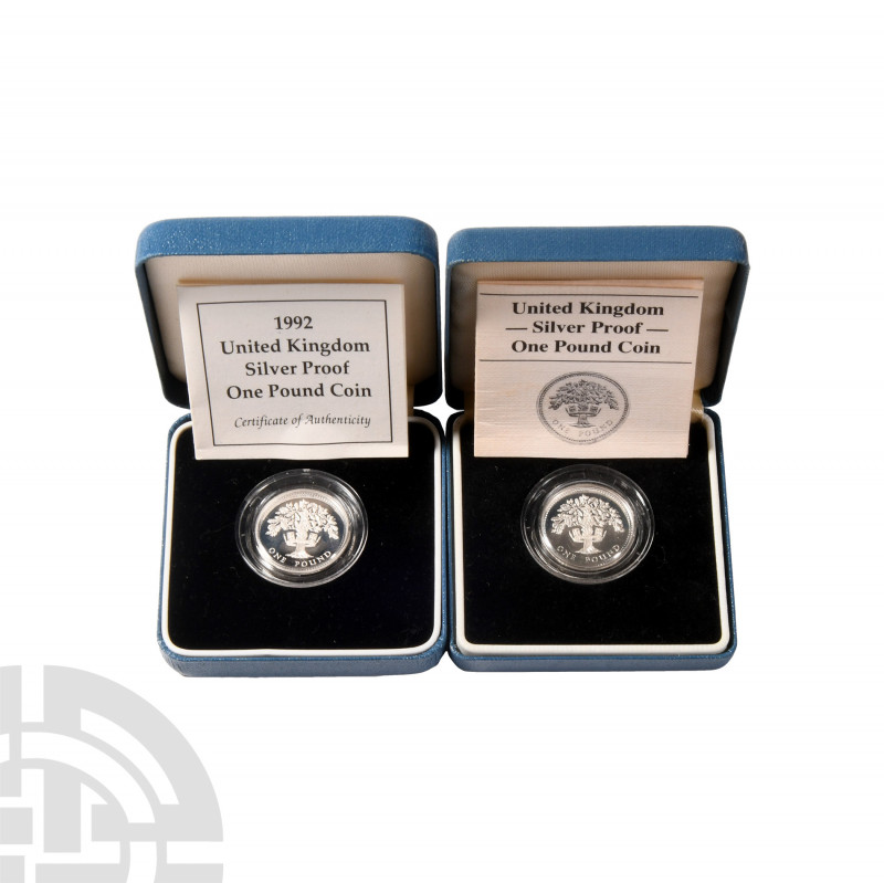 Elizabeth II - 1987, 1992 Oak Tree - RM Proof Silver £1s [2]. Dated 1987 and 199...