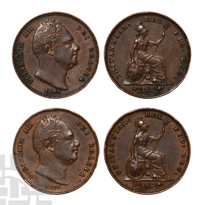 William IV - 1831 and 1835 - Farthings [2]. Dated 1831 and 1835 A.D. Obvs: profi...