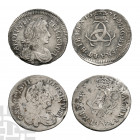 Charles II - 1679, 1682 - Threepences [2]. Dated 1679 and 1682 A.D. Obvs: profile bust with CAROLVS DEI GRATIA legend. Revs: crown over three interloc...
