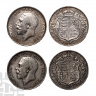 George V - 1913, 1914 - Halfcrowns [2]. Dated 1913 and 1914 A.D. First coinage. Obvs: profile bust with GEORGIVS V DEI GRA BRITT OMN REX legend. Revs:...