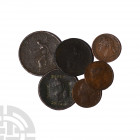 George III to Victoria - Copper Issues [6]. 19th century A.D. Group comprising: George III, penny (1806), halfpenny (1807); George IV, farthing (1825)...