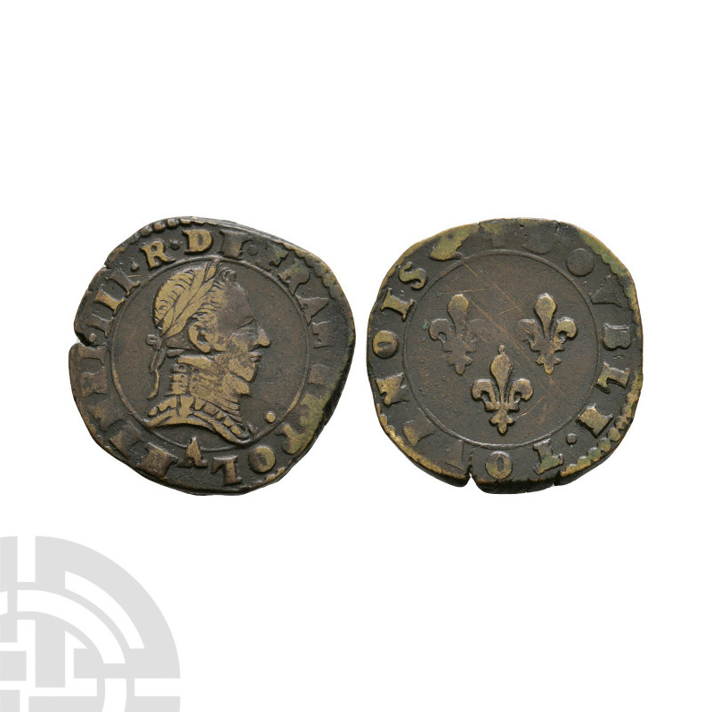 France - Henry III - Paris - Double Tournois. 1574-1589 A.D. Paris mint. Obv: pr...