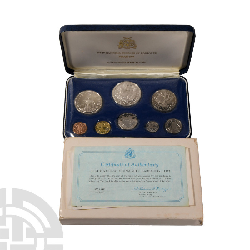 Barbados - 1973 - FM Cased Proof Set [9]. Dated 1973 A.D. Set comprising: 1, 5, ...