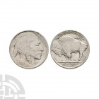 USA - 1913 - Buffalo 5 Cents. Dated 1913 A.D. Obv: native American head right with date on shoulder and LIBERTY legend. Rev: buffalo standing on line ...