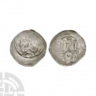 Germany - Selz - King Pfennig. 12th century A.D. Obv: facing figure enthroned holding globus cruciger and sceptre. Rev: four angels holding cross betw...