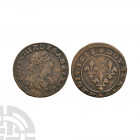 France - Louis XIII - 1638 - Double Tournois. Dated 1638 A.D. Obv: profile bust with LOYS III R DE FRAN ET NAV legend. Rev: three lis with DOVBLE TOVR...