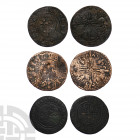France - Medieval Jetons [3]. 15th century A.D. Group comprising: French arms (2; fleured cross reverse) and fleurs in hexafoil (cross pattée reverse)...