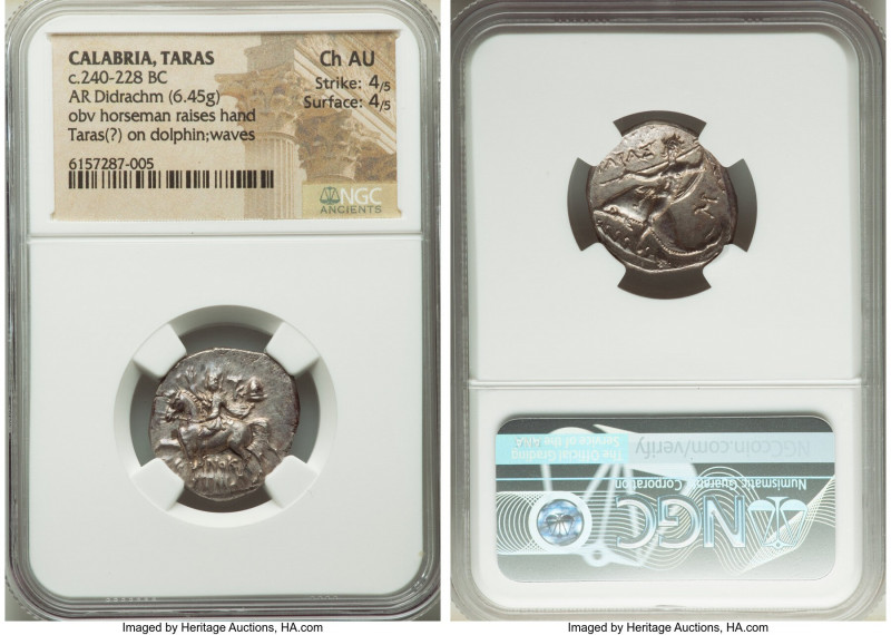 CALABRIA. Tarentum. Ca. 240-228 BC. AR stater or didrachm (21mm, 6.45 gm, 7h). N...