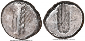 LUCANIA. Metapontum. Ca. 470-440 BC. AR stater (18mm, 7.64 gm, 12h). NGC Fine 3/5 - 3/5. META, barley ear with six grains; thick raised rim / Incuse o...