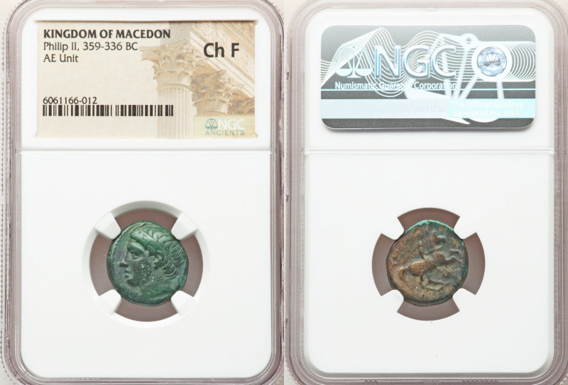MACEDONIAN KINGDOM. Philip II (359-336 BC). AE unit (18mm, 11h). NGC Choice Fine...