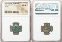 MACEDONIAN KINGDOM. Philip II (359-336 BC). AE unit (18mm, 11h). NGC Choice Fine. Uncertain mint in Macedonia. Head of Apollo left, wearing taenia / Φ...