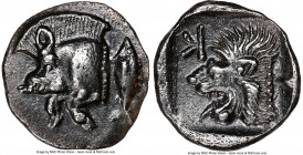 MYSIA. Cyzicus. Ca. 5th century BC. AR obol (10mm, 7h). NGC AU. Forepart of boar left, tunny upward behind / Head of lion left; retrograde K in upper ...