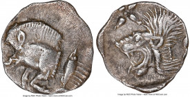 MYSIA. Cyzicus. Ca. 5th century BC. AR obol (?) (9mm, 1h). NGC XF. Forepart of boar left, tunny upward behind / Head of lion left; star in upper left ...