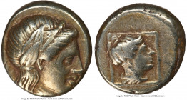 LESBOS. Mytilene. Ca. 377-326 BC. EL sixth-stater or hecte (11mm, 2.54 gm 11h). NGC Choice VF 4/5 - 3/5. Laureate head of Apollo (Dionysus?) right / H...