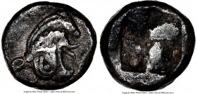 IONIA. Phocaea. Ca. late 6th-early 5th centuries BC. AR diobol (9mm). NGC XF, scuff. Head of Griffin left / Quadripartite incuse square. SNG Keckman 3...