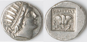 CARIAN ISLANDS. Rhodes. Ca. 88-84 BC. AR drachm (15mm, 2.65 gm, 11h). XF. Plinthophoric standard, Philostratus, magistrate. Radiate head of Helios rig...