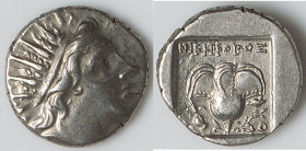 CARIAN ISLANDS. Rhodes. Ca. 88-84 BC. AR drachm (14mm, 2.42 gm, 12h). XF. Plinthophoric standard, Nicephorus, magistrate. Radiate head of Helios right...