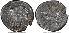 L. Furius Purpurio (ca. 169-158 BC). AR denarius (19mm, 4.17 gm, 5h). NGC Choice XF 4/5 - 5/5. Rome. Head of Roma right, wearing winged helmet decorat...