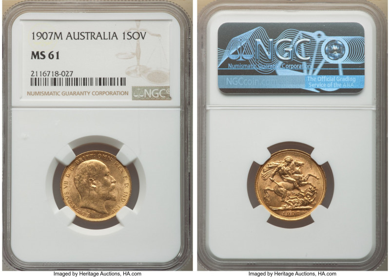 Edward VII gold Sovereign 1907-M MS61 NGC, Melbourne mint, KM15. AGW 0.2355 oz. ...
